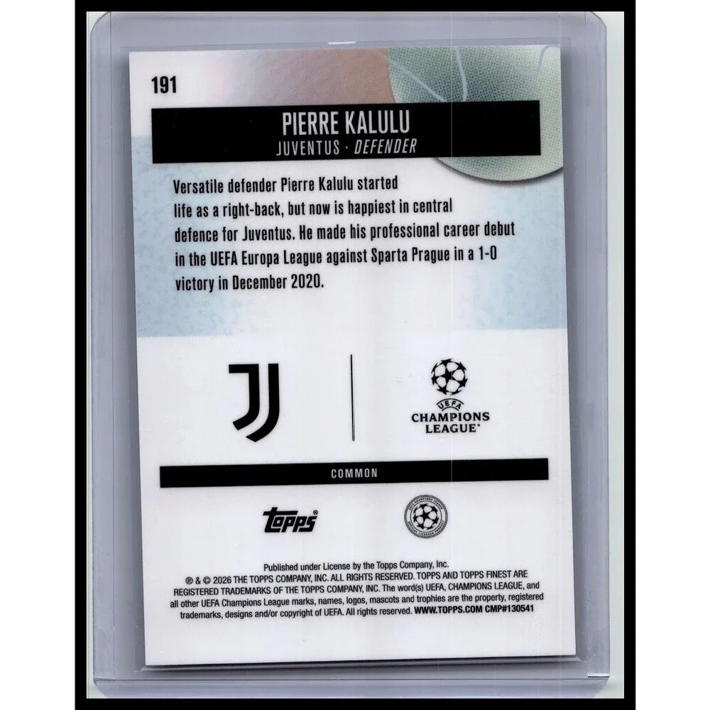 2025-26 Finest UEFA Pierre Kalulu #191 Juventus Purple Checkerboard #/150